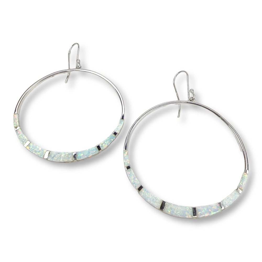 Sterling Silver 925 Southwestern Faux Opal Channel Inlay Large Hoop Earrings - Picture 5 of 9